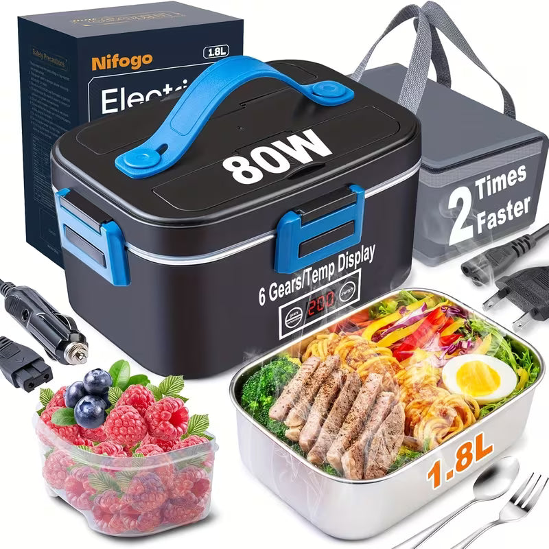 HeatMate 80W Electric Lunch Box – Leakproof, 1.5L/1.8L, Portable with Cutlery Bag